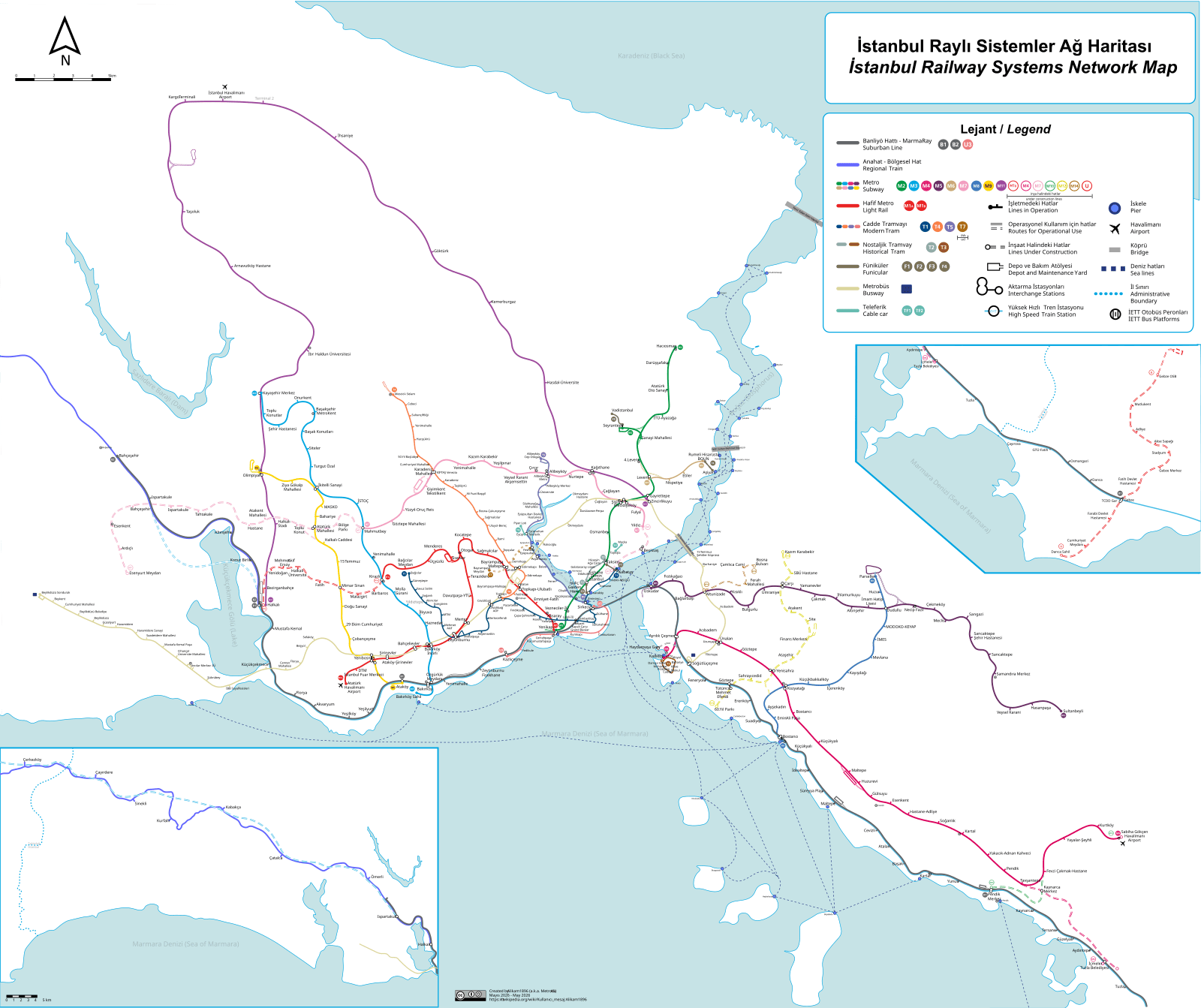 İstanbul Metrosu ağ haritası — tüm hatlar, Marmaray, tramvay ve aktarmalar
